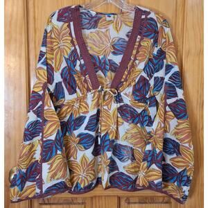 Woven Cotton Shirt Size Small Bell Sleeves Tropical Summer Beach Coastal India